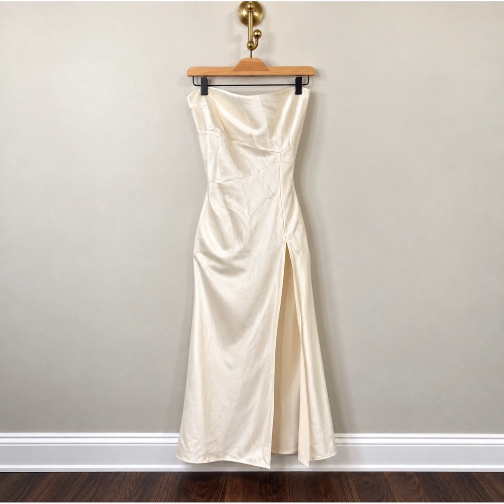 High Beauty Cream Satin Strapless Maxi Dress Slit A1209SET Small